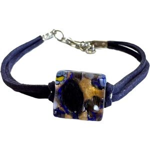 Vintage Murano Glass Made In Italy Blue Gold Lamp Work Leather Cord Art Bracelet